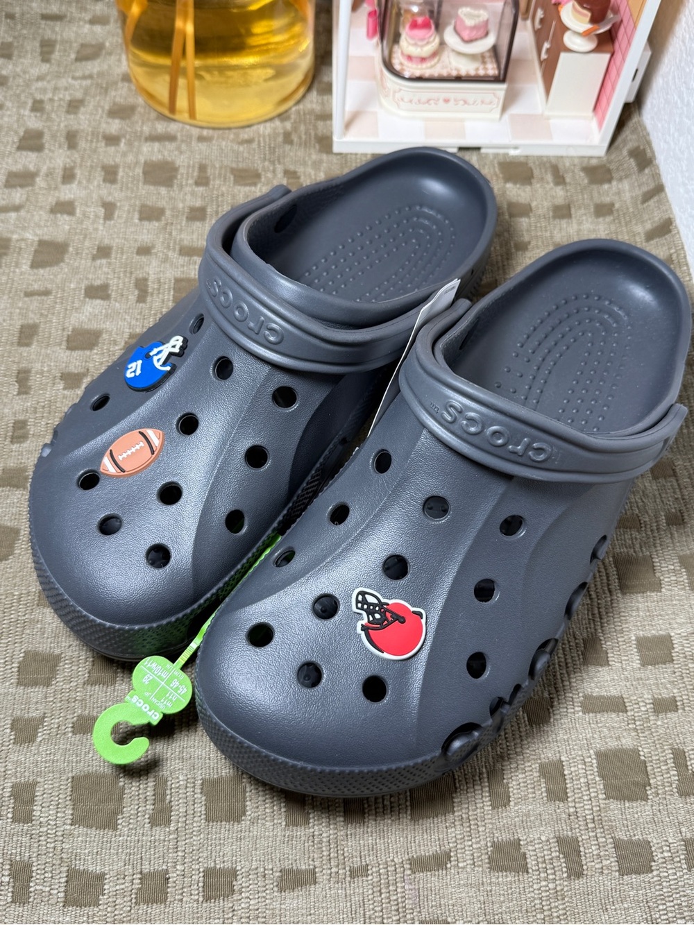 Crocs Baya Clogs Graphite Gray Men's Size 11 With Football Jibbitz Charms